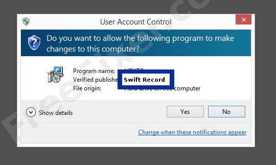 Screenshot where Swift Record appears as the verified publisher in the UAC dialog